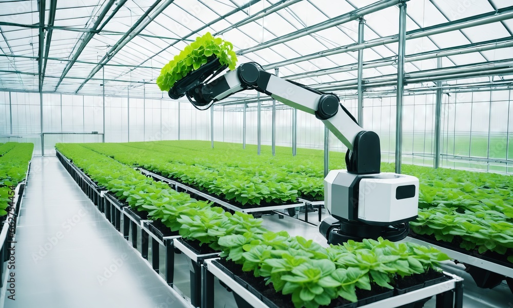 Smart farming, automated industrial robotic arm picking up plants in a greenhouse