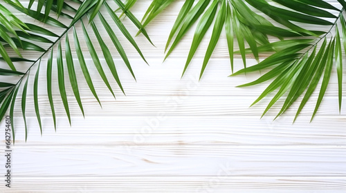 Fresh green palm leaves on a white wooden background