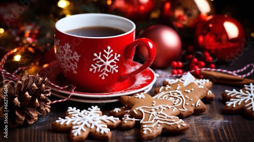 Christmas decorations, coffee and gingerbread cookies 
