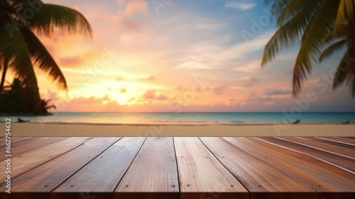 Wooden Table on Beach with Palm Trees in Background at Sunset