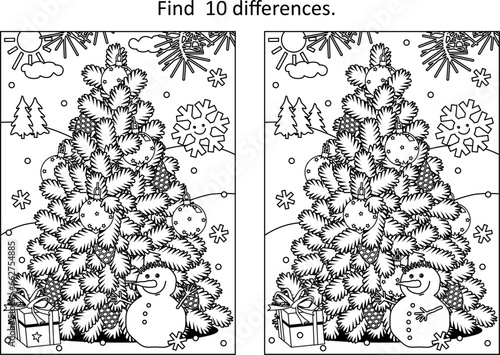 Difference game with christmas tree, cheerful snowman, gift box
