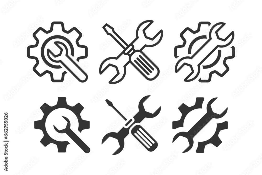 Service icons set. Wrench, screwdriver and gear icon set. Vector illustration design. - obrazy, fototapety, plakaty 
