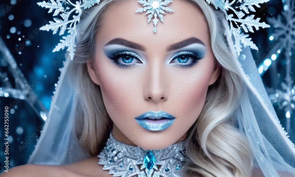 a stunning model becoming an ethereal ice queen with exquisite winter makeup