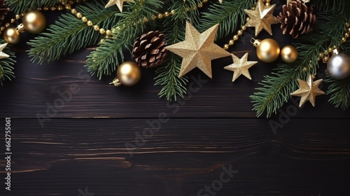 Glittering pine cones and ornaments on a polished wooden table