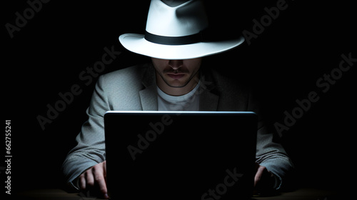 A hacker wearing a white hat symbolizing ethical security hacker