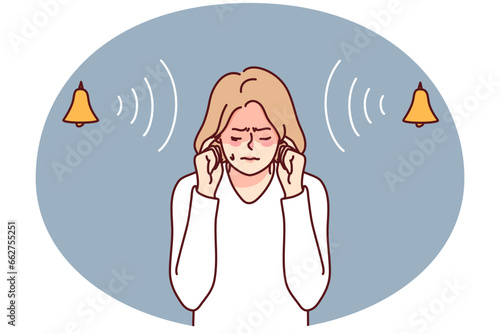 Stressed woman close ear suffer from loud noise. Unhappy girl avoid noisy bells ringing. Vector illustration.