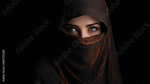 Muslim woman covering her face on dark background 
