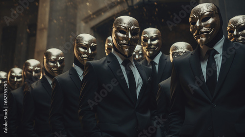 Group of mysterious men in suits and golden masks
