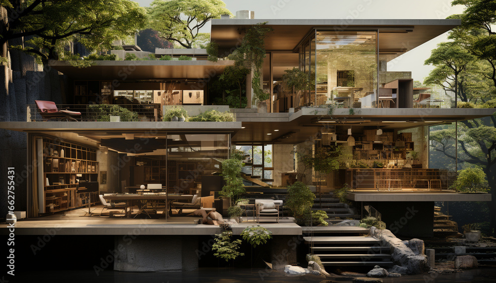 Modern architecture, indoors, table, men, business, wood, plant, window, women, domestic life generated by AI Modern architecture, indoors, table, men, business, wood, plant, window, women, domestic life generated by AI