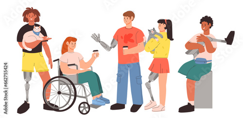 Diverse people with disabilities. A man and a woman with prosthetic limbs and in a wheelchair. Diversity and inclusion concept. Flat vector illustration. 