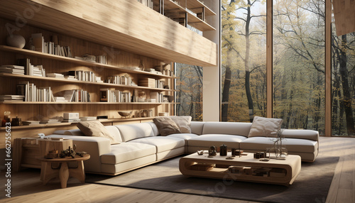 Comfortable sofa, elegant decor, modern architecture, tranquil scene, bright sunlight generated by AI © djvstock