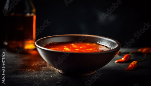 A savory soup with fresh vegetables and spicy chili pepper generated by AI