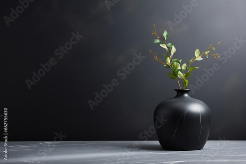 Black ceramic vase table against black marble background with copy space