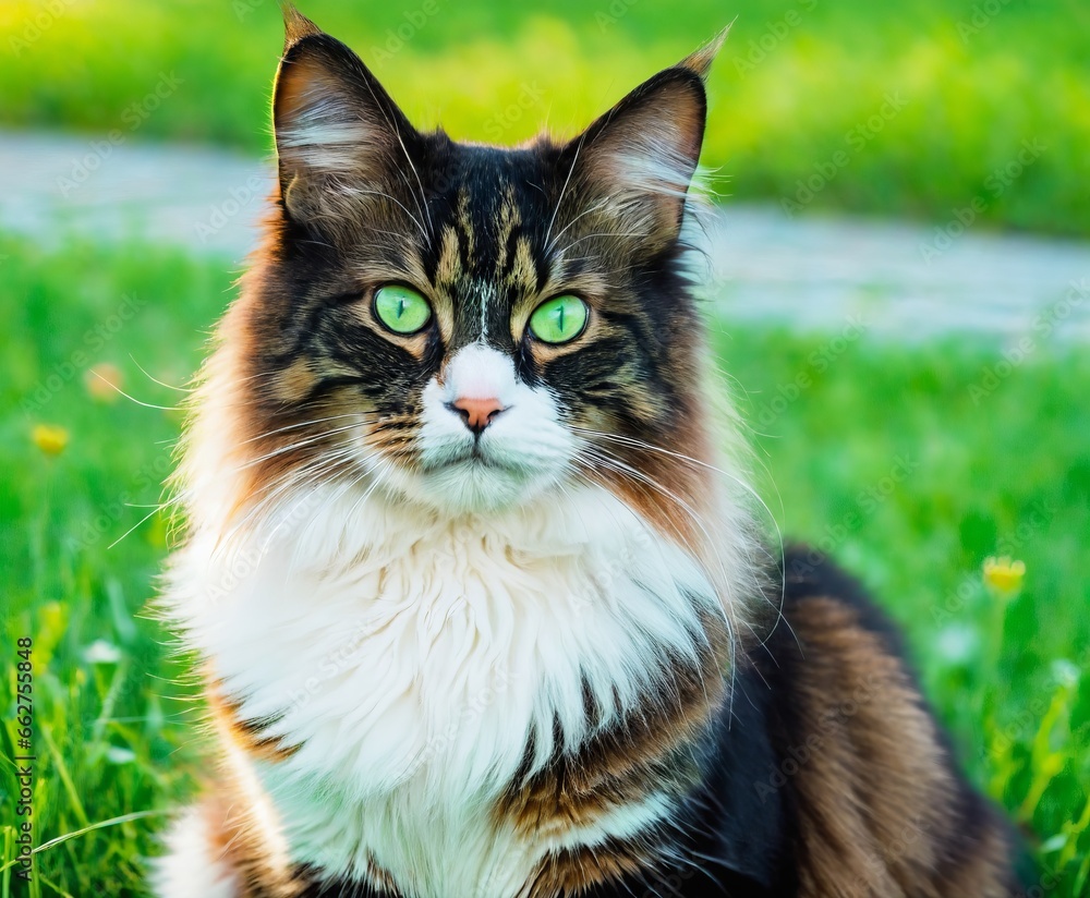 Portrait of a fluffy tricolor cat with green eyes in nature