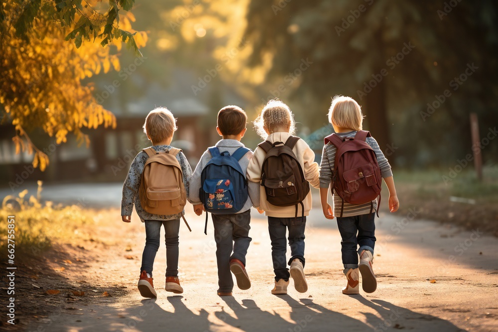 Obraz premium group of young children walking together in friendship, embodying the back-to-school concept on their first day of school