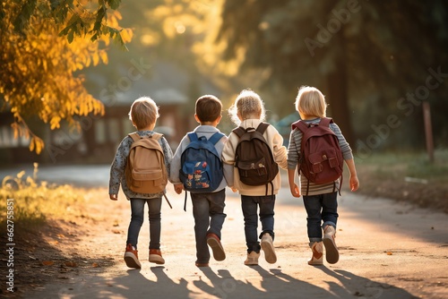 group of young children walking together in friendship, embodying the back-to-school concept on their first day of school