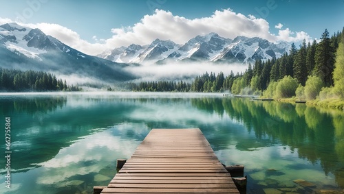 photo of a view of a wooden pier on a lake with a beautiful background of trees and mountains made by AI generative

 photo