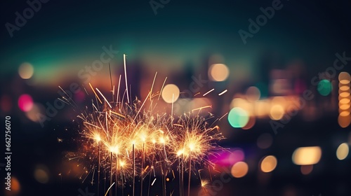 Glittering burning sparkler with multicolor defocused night city background, bokeh lights.