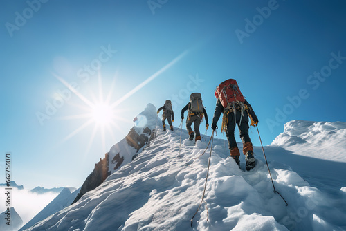 Rear view of three roped climbers in a row reaching the top of a snowy mountain at sunrise. Adventure sports concept