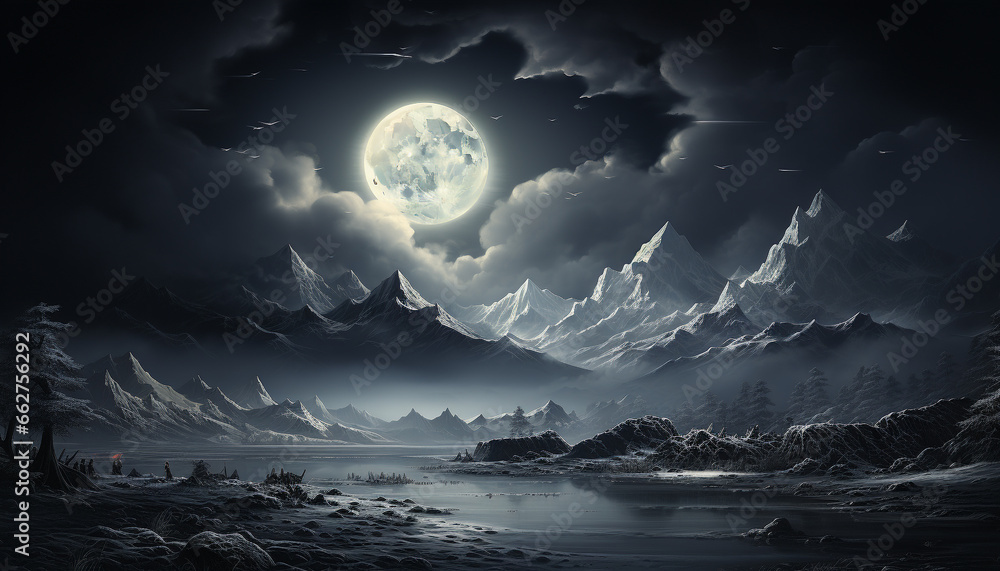 Night sky, moonlight illuminates dark mountain range, creating a spooky landscape generated by AI