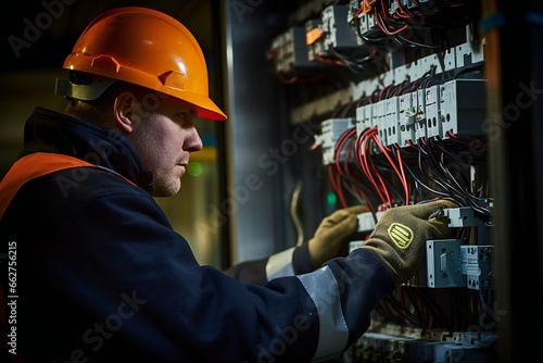 commercial electrician at work on a fuse box, adorned in safety gear