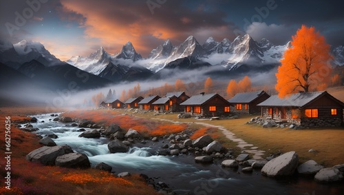 photo of a view of a wooden cabin in autumn with snowy mountains in the background made by AI generative photo