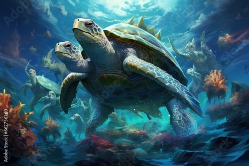 Ancient sea turtles, carrying entire ecosystems on their colossal shells - Generative AI