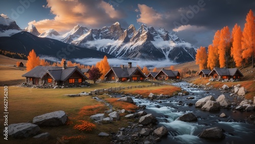 photo of a view of a wooden cabin in autumn with snowy mountains in the background made by AI generative
