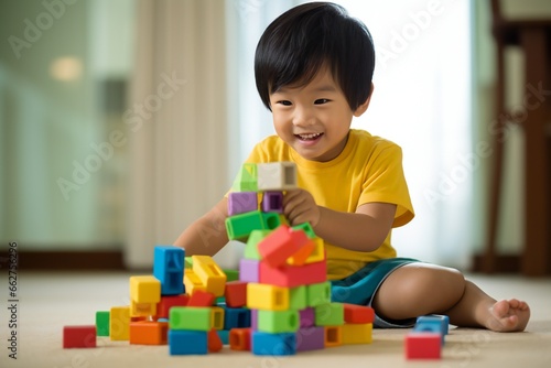 A lifestyle photograph of a young asian toddler playing with colorful wooden block toys