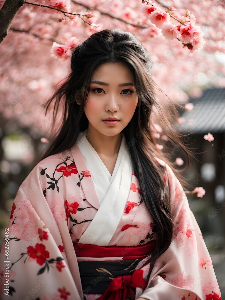 A Japanese woman with a cute and beautiful face long black hair wearing a white and red kimono