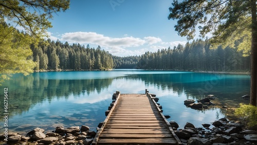 photo of a wooden pier with a lake background with clear water in the middle of the forest  made by AI generative