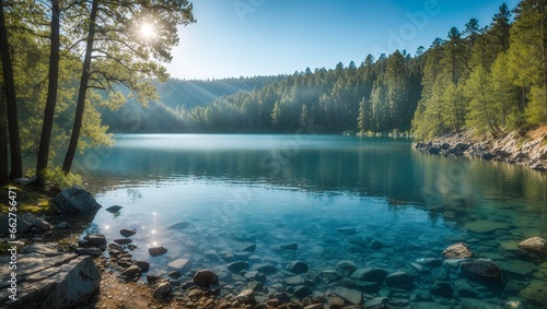 photo of a lake view with beautiful clear blue water in the middle of the forest made by AI generative © M.Taufiq