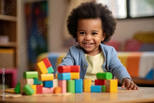 A lifestyle photograph of a young African American toddler playing with colorful wooden block toys 
