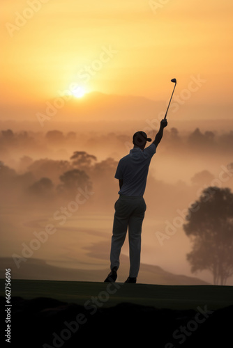 Silhouette of a player with a club up. Golfer teeing off at sunrise and a misty backdrop.