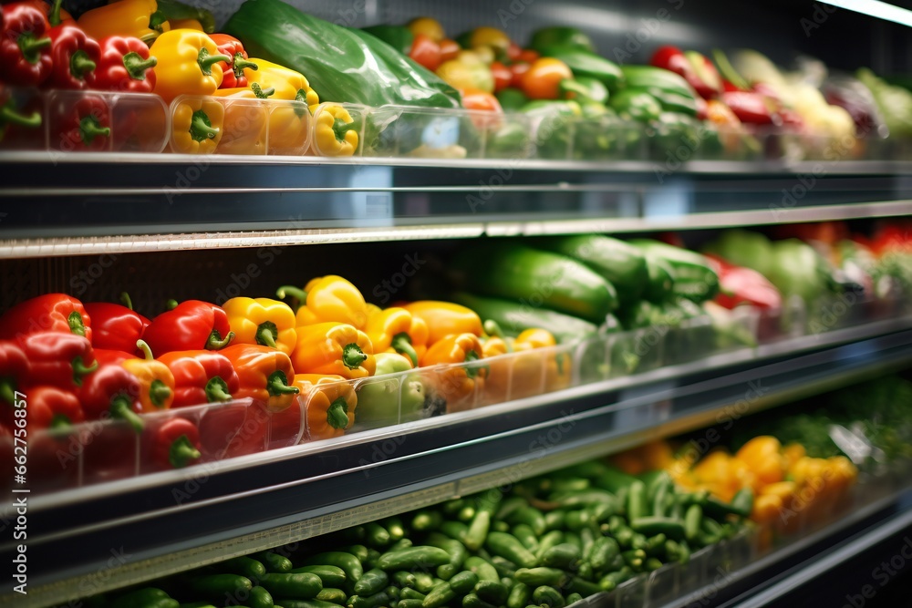 Fruits and vegetables in the refrigerated shelf of a supermarket close up