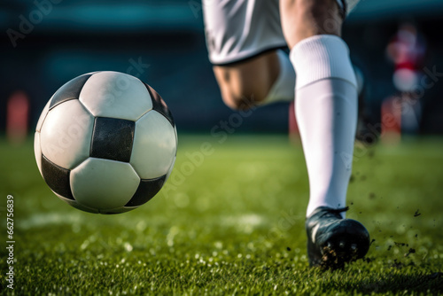 Close-up of a player's foot striking the soccer ball during a kick.