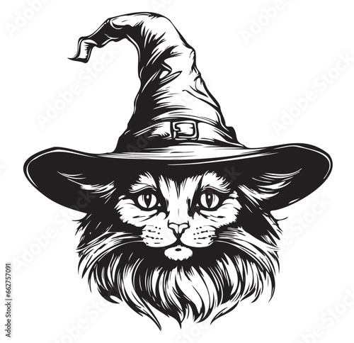 Fluffy cat in hat sketch hand drawn Vector illustration Halloween