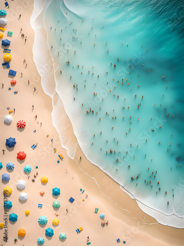 Top view of sandy beach with peoples.