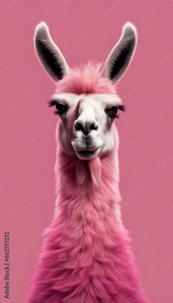 Fototapeta premium Pink llama with a fuzzy hairdo, positive energy