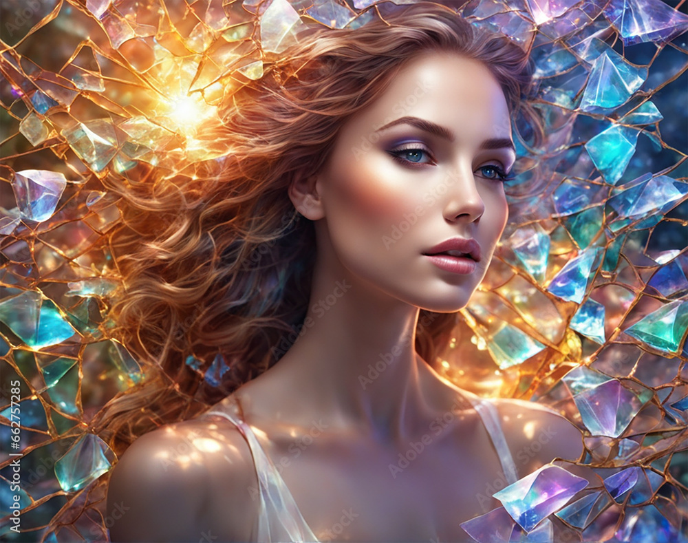 portrait of a beautiful blonde girl. models with perfect skin. around the shards of multicolored glass. background.