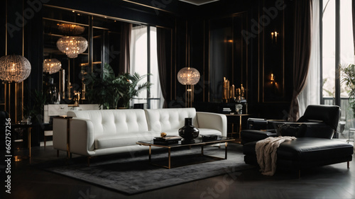 Photo modern dark luxury black interior with white chic furniture