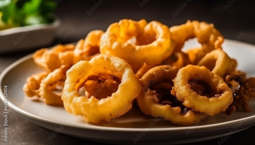 Deep fried calamari and onion rings, a gourmet seafood appetizer generated by AI Deep fried calamari and onion rings, a gourmet seafood appetizer generated by AI