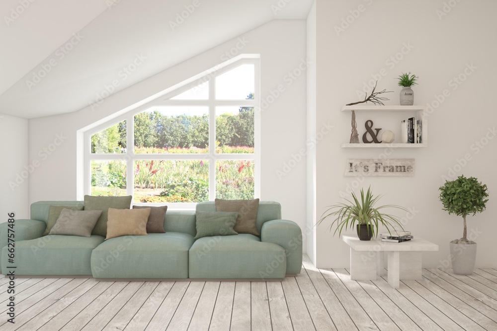 Fototapeta premium Bright interior design with modern furniture and summer landscape in window. 3D illustration