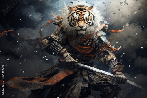 samurai style illustration, a tiger warrior