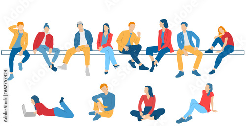 Men, women and teenagers sitting on a bench, different colors, cartoon character, group  silhouettes of business people, students, design concept of flat icon, isolated on white background