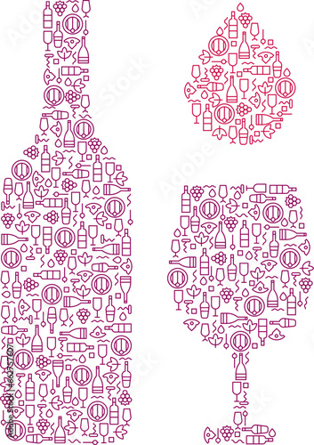 Wine bottle with wine glass and drop in creative modern minimal style isolated on white background. Set silhouette elegant objects from small simple line elements. Abstract flat vector illustration.