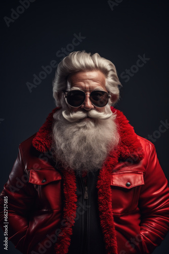 Stylish modern Santa Claus with a well-groomed beard and wearing sunglasses.
