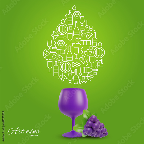 Wine abstract background for banner, cover, poster, card, menu. Silhouette wine drop with 3d realistic glass and grape. Creative fashion composition in minimal color style. Vector illustration.