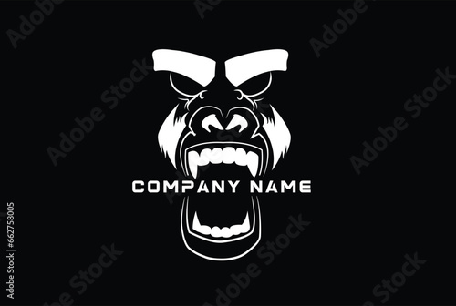 Black background Gorilla Head Tattoo, logo, icon, Design. Vector illustration, fierce gorilla head in the background.