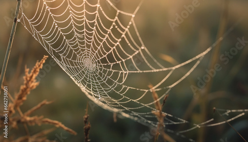 Spinning spider web traps dew drops in autumn forest beauty generated by AI